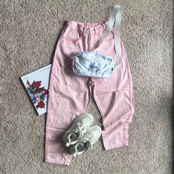 NWOT Pink Washed Cotton Denim Pants – Elastic Waist, Size Small - Picture 1 of 5